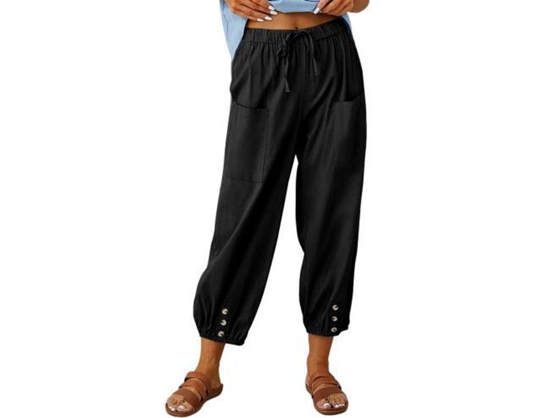 2026-pantalones Harem De Lino Sueltos Con Bolsillos Para Mujer Verano Bajo De Linterna Xl Negro
