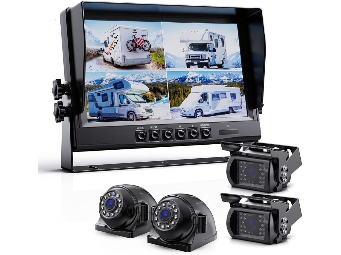 Sistema De Cámara De Visión Trasera 1080p Con Cuatro Pantallas Divididas De 9" Y Monitor Para Automóvil Para Visión Trasera/lateral.
