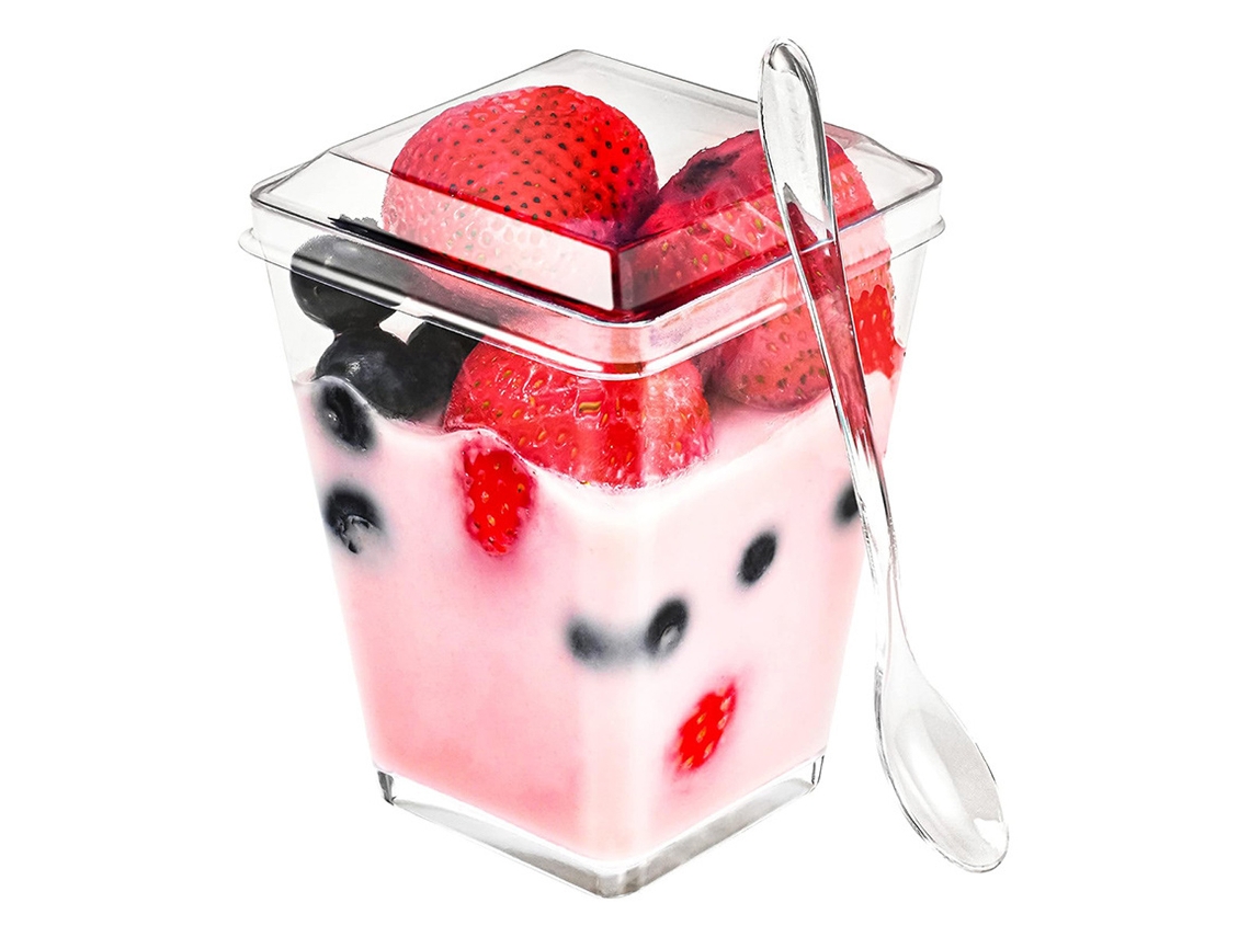 KOFIHETY 30 Piezas de Vasos de Plástico para Postre con Tapa, para Yogur o Aperitivo, Vasitos con Cucharas para Puding, Fruta y Helado