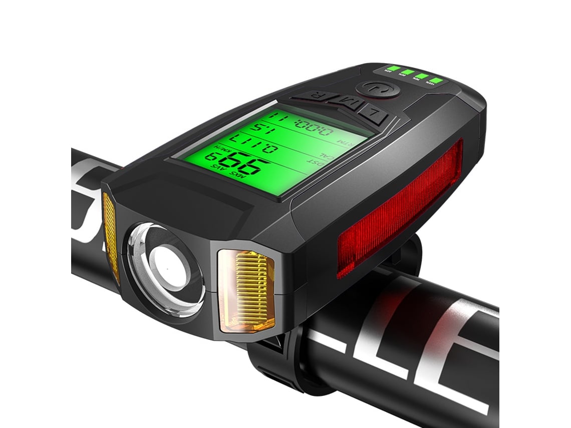 Cuentakilómetros para bicicleta, luz delantera, carga USB, 300 lúmenes, 5 modos de iluminación - Negro.