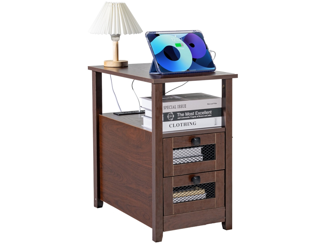 VEVOR Mesa de 609 x 356 x 610 mm con Puertos USB y Tomas de Corriente, Marrón