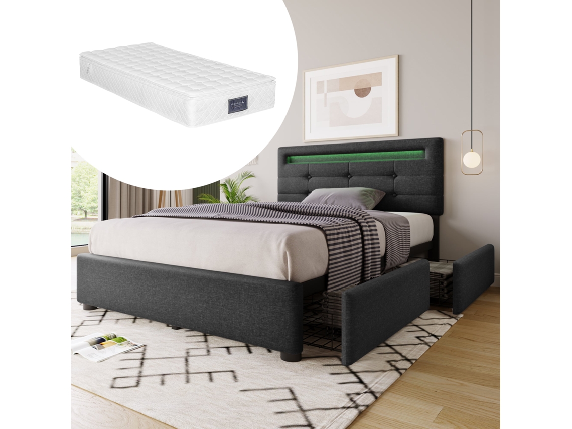 Cama De 90x200 Con Cajones, Iluminación Led, Colchón Y Cabecero Gris.