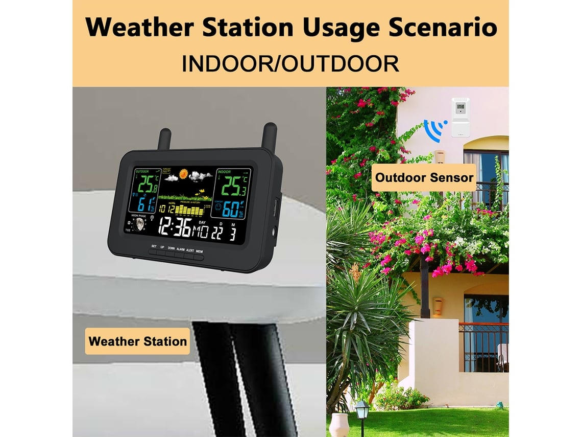 Estación Meteorológica Inalámbrica, Termómetro Para Interiores Y Exteriores Con Sensor, Pronóstico Del Tiempo Y Medición De Humedad.
