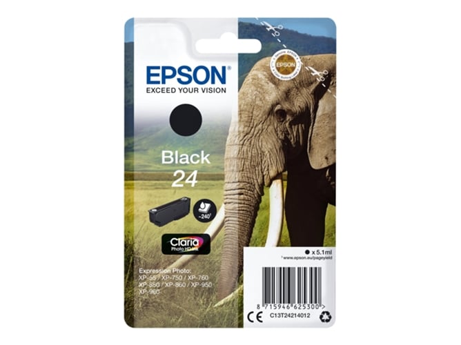Cartucho de tinta original EPSON, Tinta Claria Photo , 24, Elefante 5,1 ml , Negro, C13T24214012, T2421