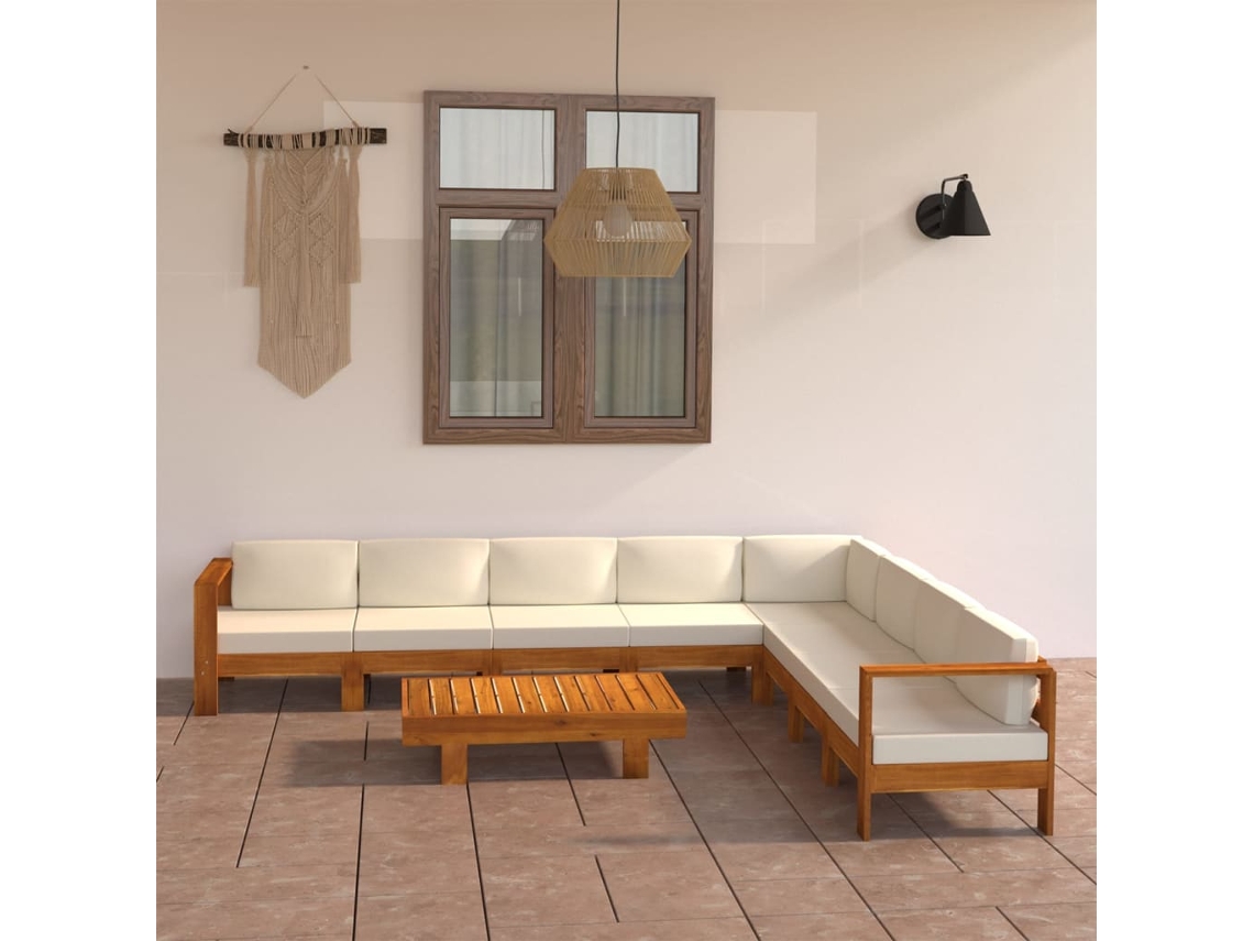 Conjunto de jardín de 9 piezas con cojines de acacia en blanco crema de DKD Home Decor