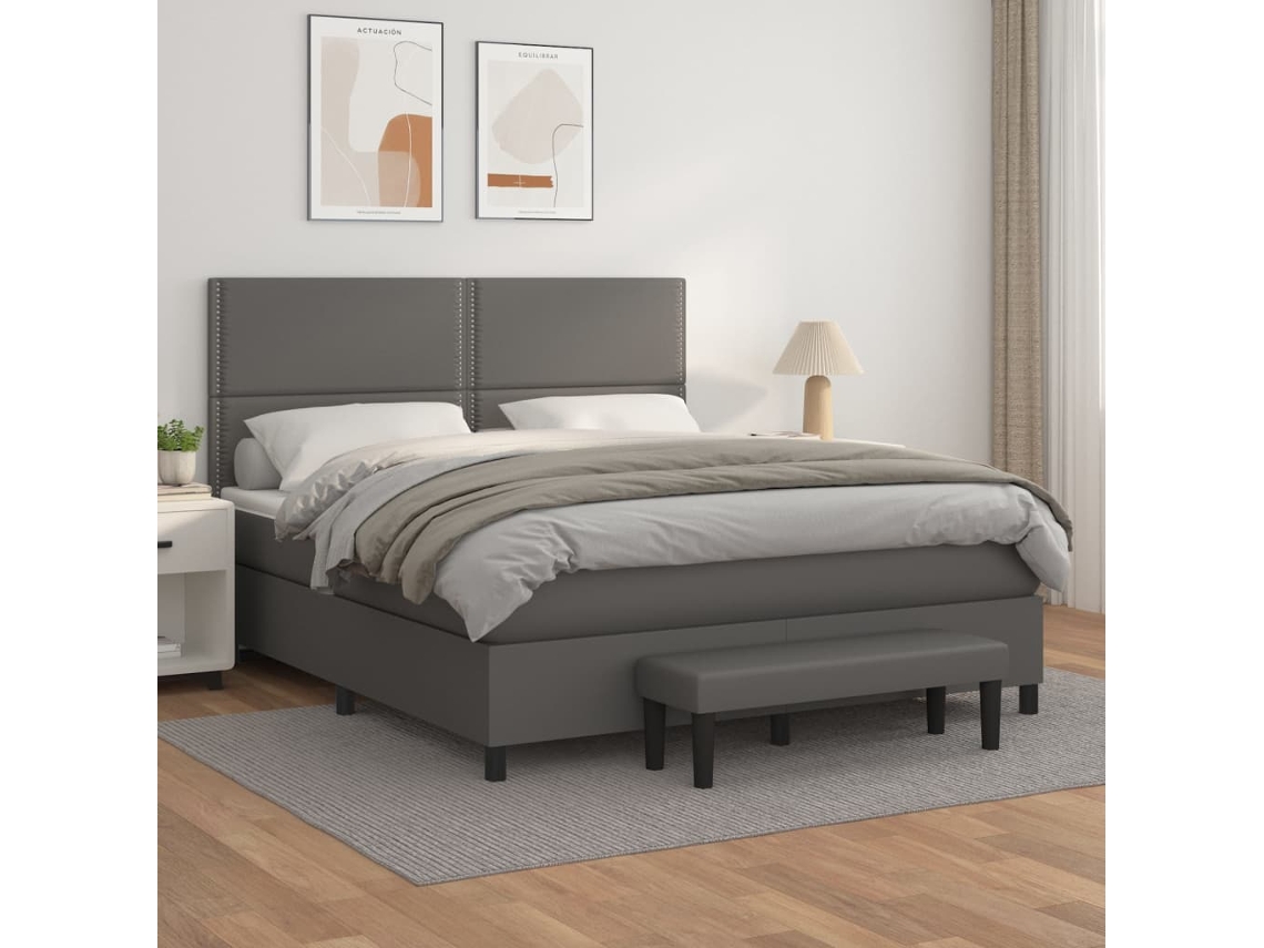 Cama Box Spring Con Colchón Cuero Sintético Gris 180x200 Cm