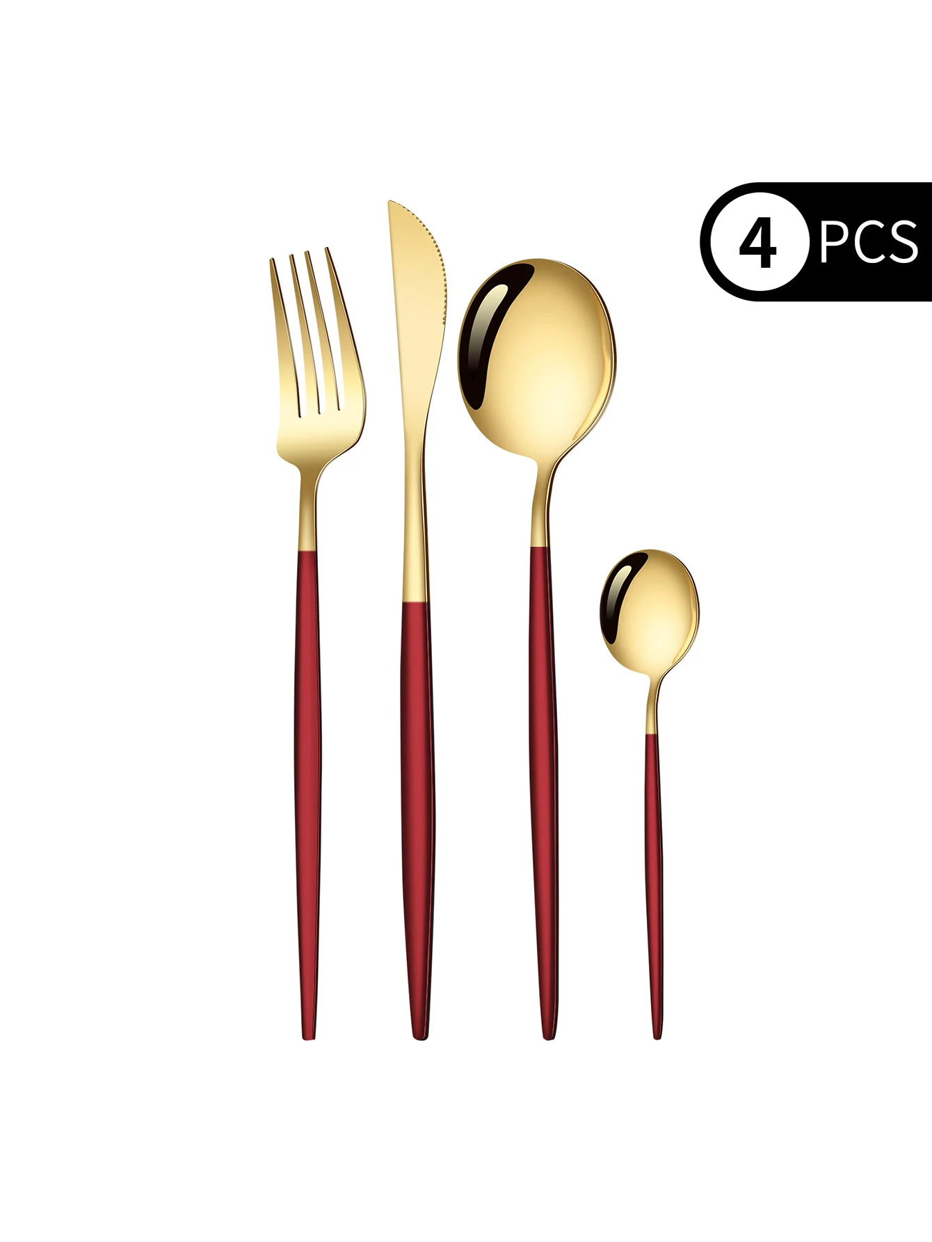 Juego de cubiertos de acero inoxidable: cuchillo, tenedor y cuchara. MDUG (rojo y dorado)