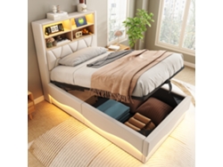 Cama Infantil De 90x200 Cm, Hidráulica, Con Iluminación Led, App, Usb, Somier De Láminas Metálicas Y Lino Beige.