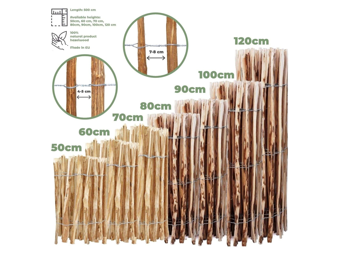Valla BOGATECO castaño avellana Valla de madera de 80 cm de alto y 500 cm de largo Distancia entre lamas 7-8 cm