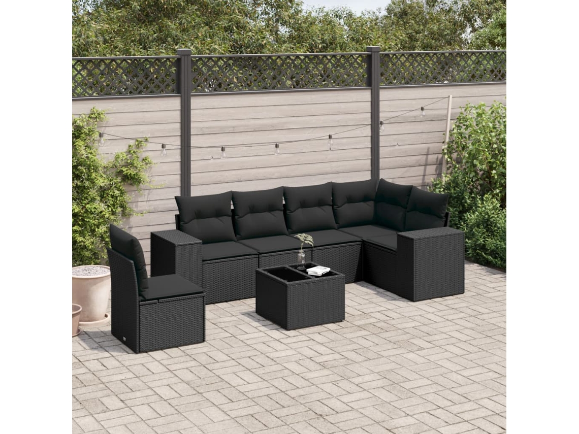 Conjunto de sofá de jardín de 7 piezas con cojines, ratán negro, Dkd Home Decor