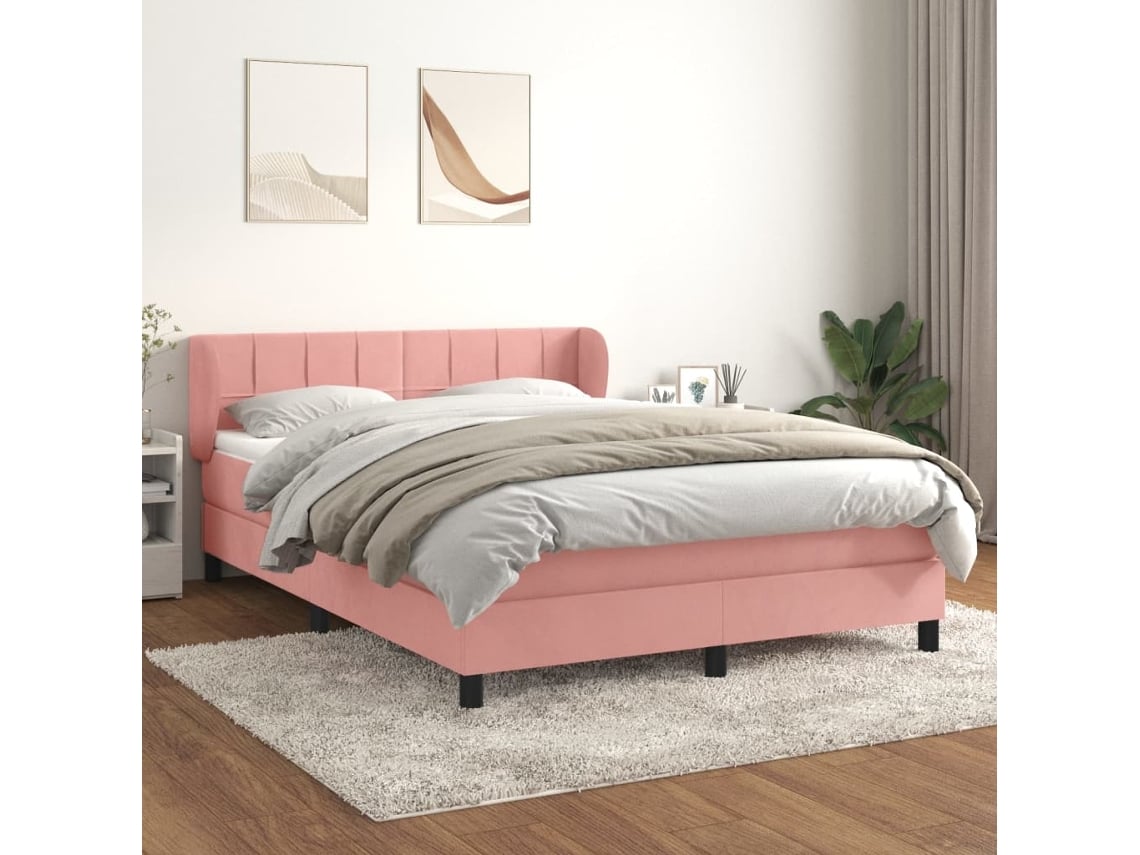 Cama Box Spring Con Colchón Terciopelo Rosa 140x190 Cm