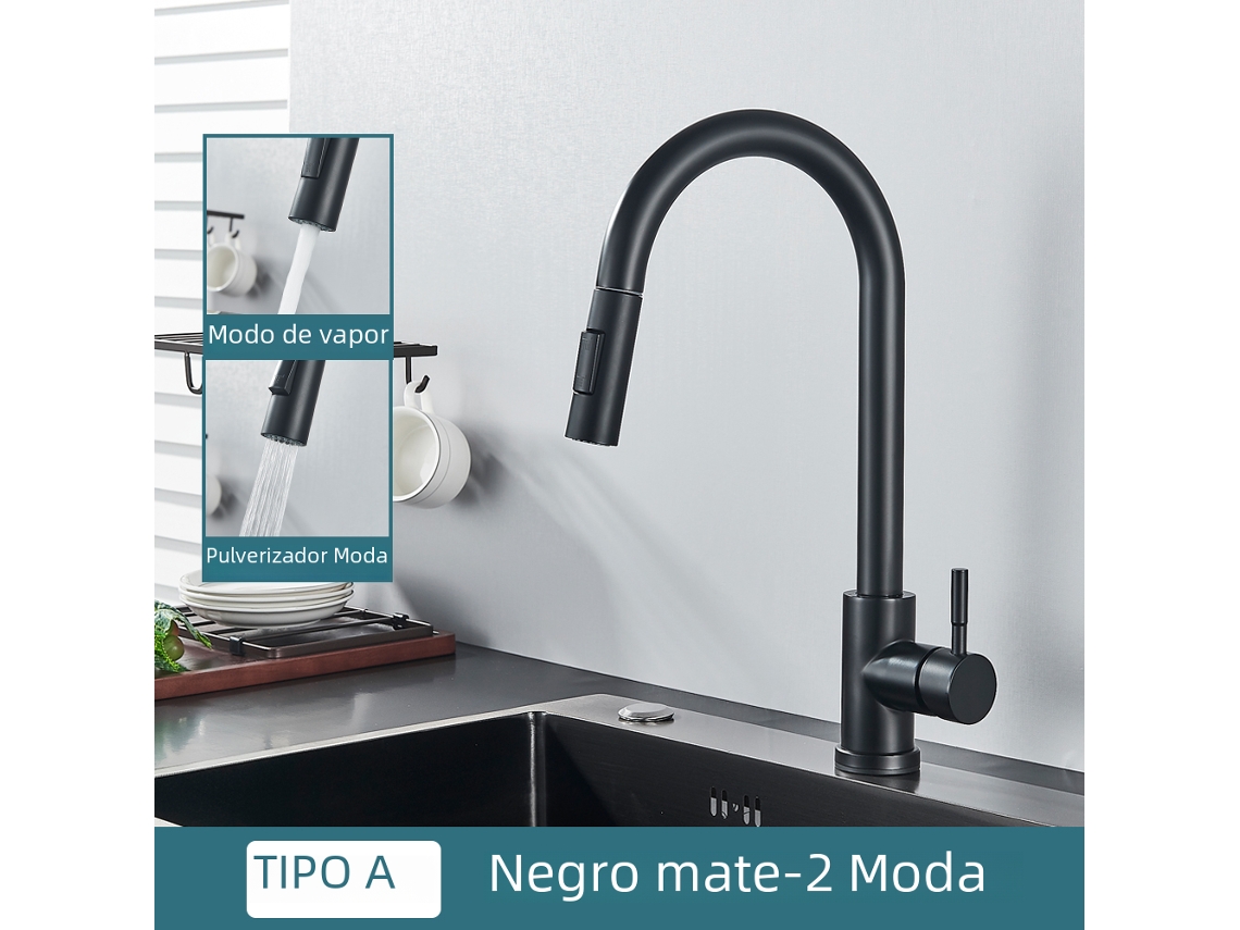 Grifo de cocina de doble función en acero inoxidable con monomando y caño extensible para agua caliente y fría MDUG (negro)