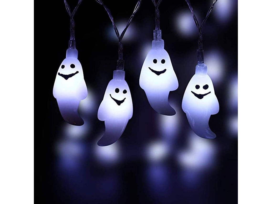 Guirnalda de luces LED de 3 m con 20 bombillas, diseño fantasma blanco brillante para decoración de Halloween (versión a pilas)