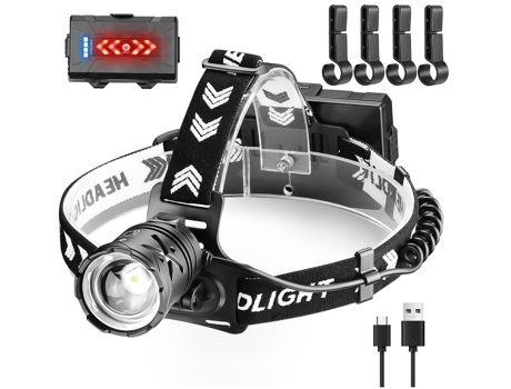 Linterna Frontal, CHRONUS 4 Modos 15000 Lúmenes Linterna Frontal USB, Potente Luz Blanca Impermeable para Camping, Pesca, Ciclismo, Senderismo,