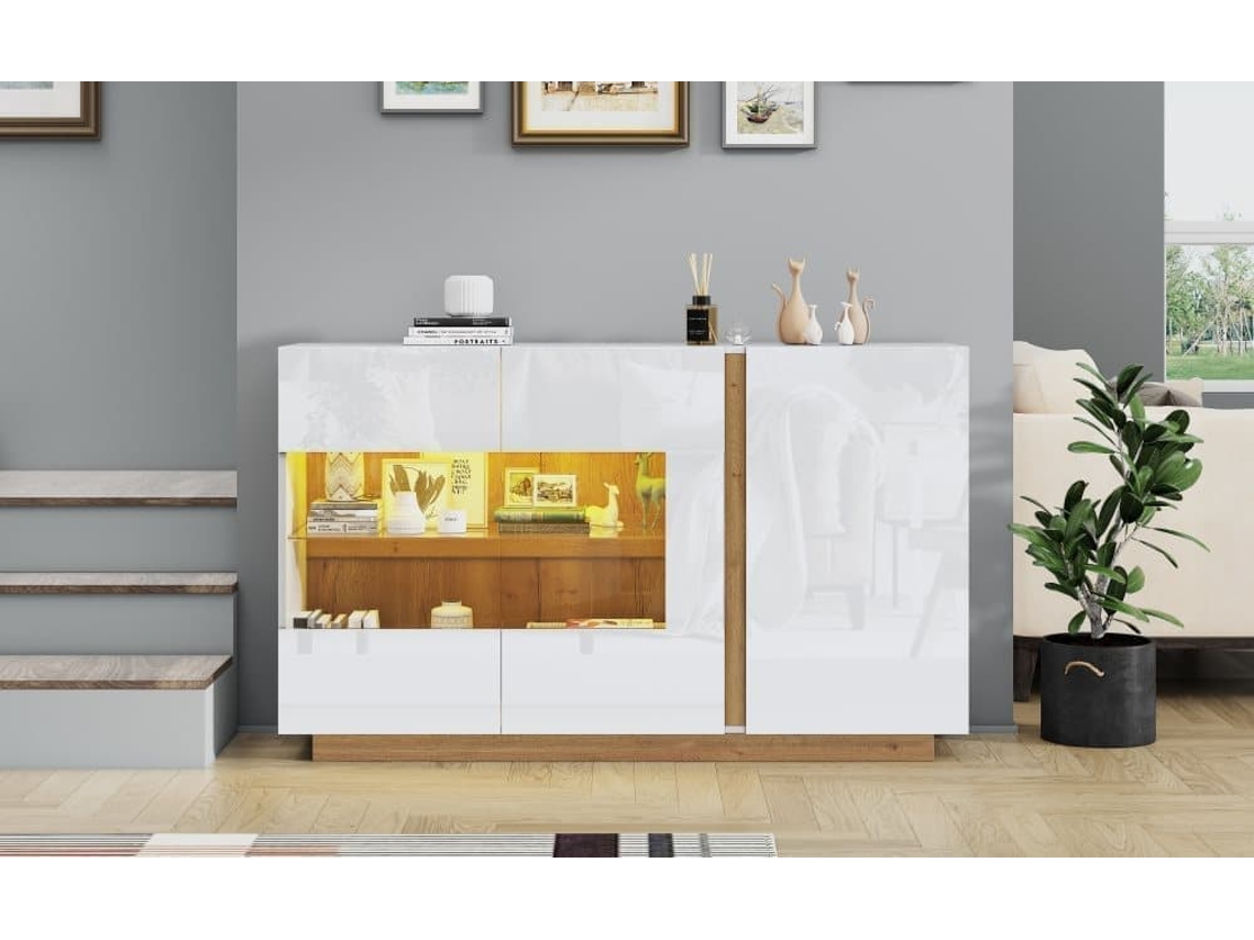 Mueble Aparador 138x38x90,5 Cm - Alta Gloss, Con Base De Madera, Tablero De Partículas Y Vidrio - Blanco