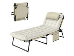 Silla plegable de playa con respaldo reclinable en 4 posiciones, reposacabezas y colchón grueso de color beige.