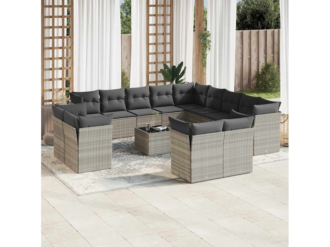 14 unidades Conjunto. Sofás Jardim Com Almofadões Vime Pe Cinzento Claro Dkd Home Decor