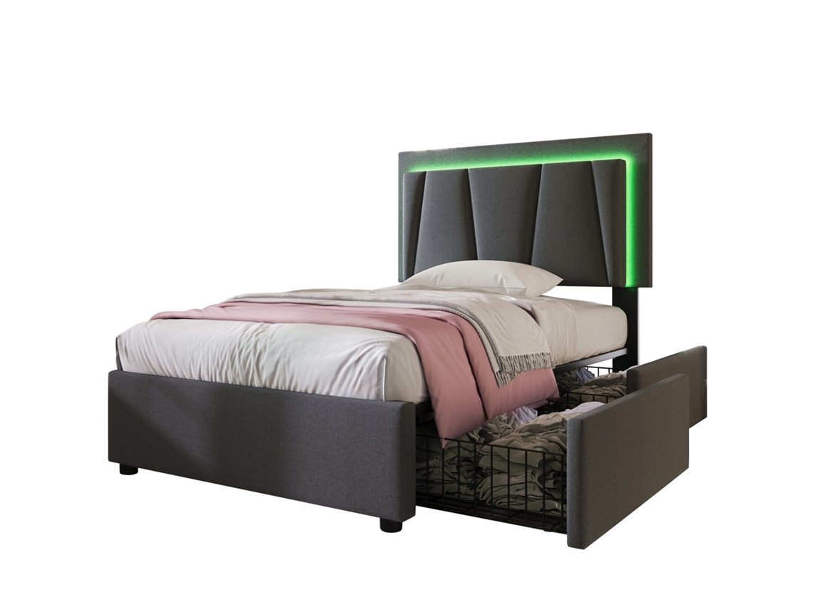 Cama tapizada de lino de 90 x 200 cm, con 2 cajones y estructura LED, color gris.