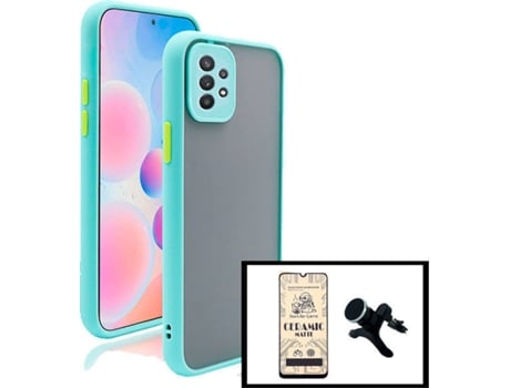Kit Funda Antichoque, Cristal Templado CeramicGlass Full Cover y Soporte Magnético Reforzado de Coche Samsung Apple Galaxy A32 5G PHONECARE Azul Cl...