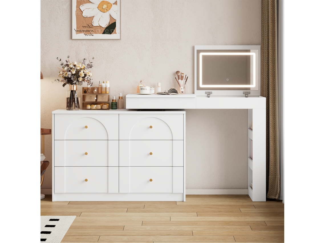 Tocador Giratorio Con Luz Led, Mesa De Maquillaje, Oficina, Blanco, 105 Cm