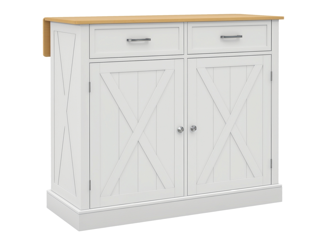 Isla De Cocina Con Encimera Plegable, 2 Puertas, 2 Cajones, Ruedas, 105x60x90,5 Cm, Blanca.
