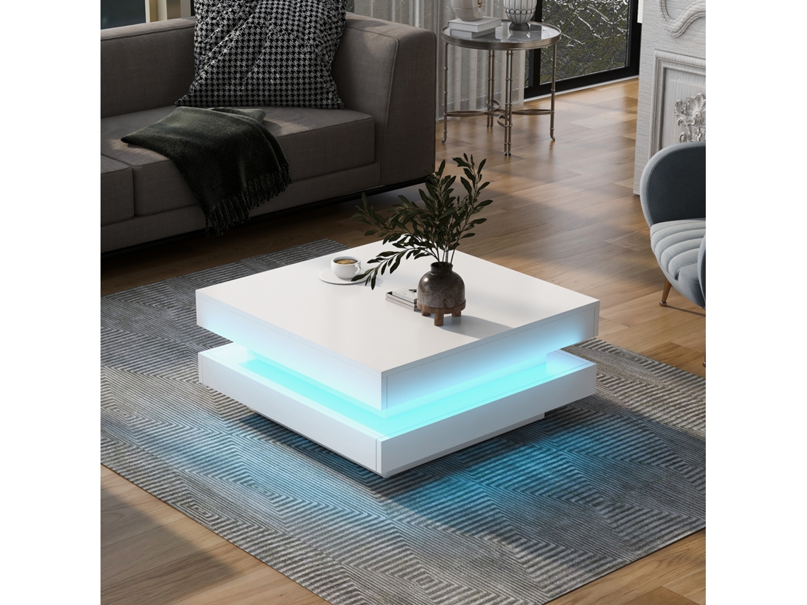 Mesa de centro cuadrada blanca estilo tecnológico con tira LED y Bluetooth QINGYU TECH (70x70x36 cm)