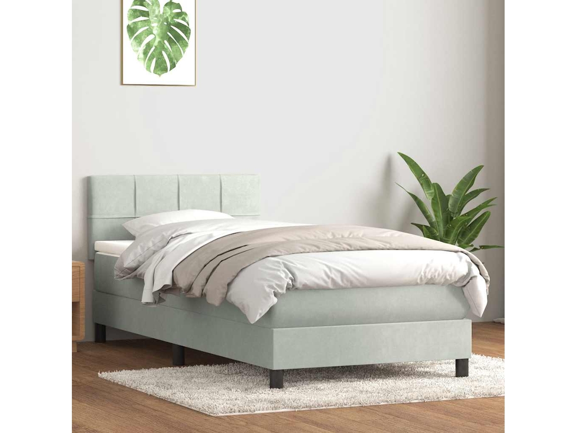 Cama Box Spring Con Colchón Terciopelo Gris Claro 90x210 Cm