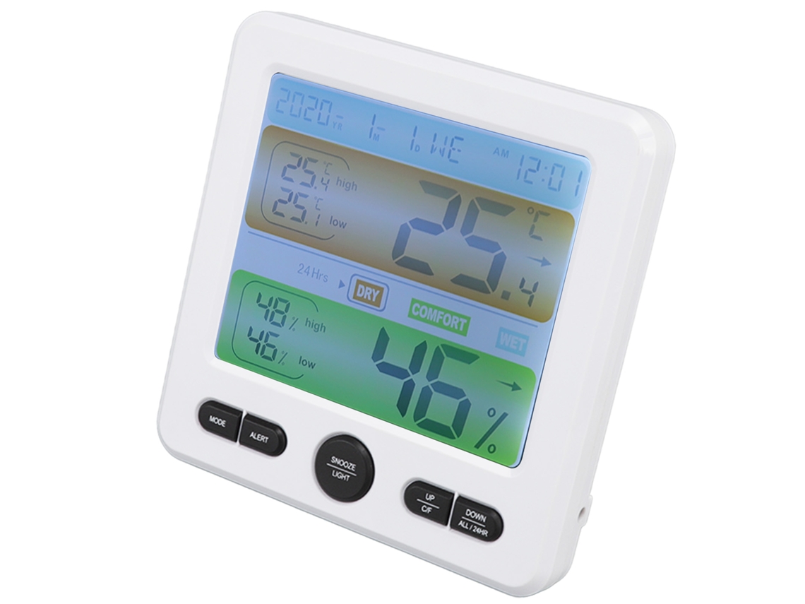 Termómetro digital para habitación con pantalla a color, reloj de escritorio y monitor de humedad, color blanco