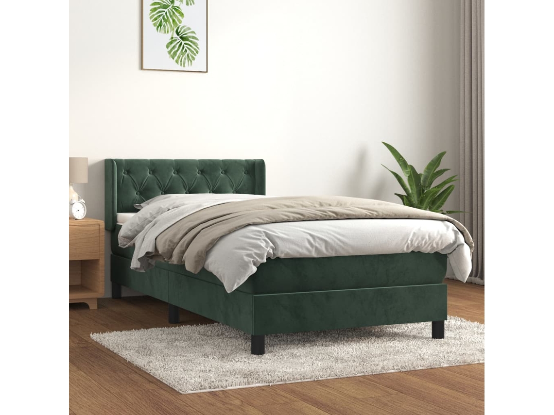 Cama Box Spring Con Colchón Terciopelo Verde Oscuro 80x200 Cm