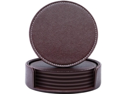 2026-41287-set De 6 Posavasos De Cuero Pu Redondos Con Soporte Para Mesa, Protege Muebles De Manchas, Para Hogar/oficina/bar