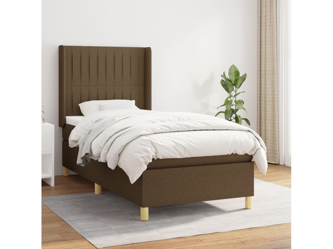 Cama Box Spring Con Colchón Tela Marrón Oscuro 90x200 Cm