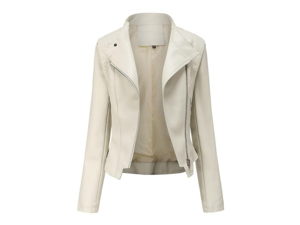 2026-chaqueta Corta Cuero Pu Para Mujer Biker Cremallera Slim Fit Casual Todos Los Usos S Crema