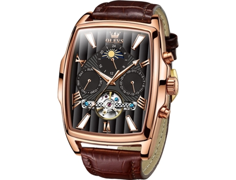 VEANXIN Mecánico Cuadrado Fase Lunar Hueco Tourbillon Semana Fecha Luminoso Reloj Impermeable para Hombre(Marrón)
