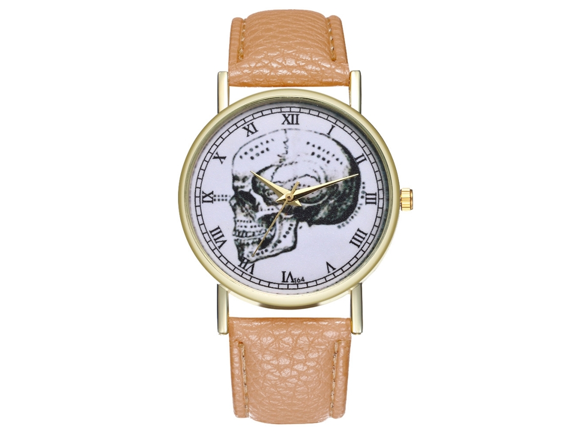 Reloj De Cuarzo Unisex Con Correa De Cuero Pu Moda Patrón Calavera Numerales Romanos Beige