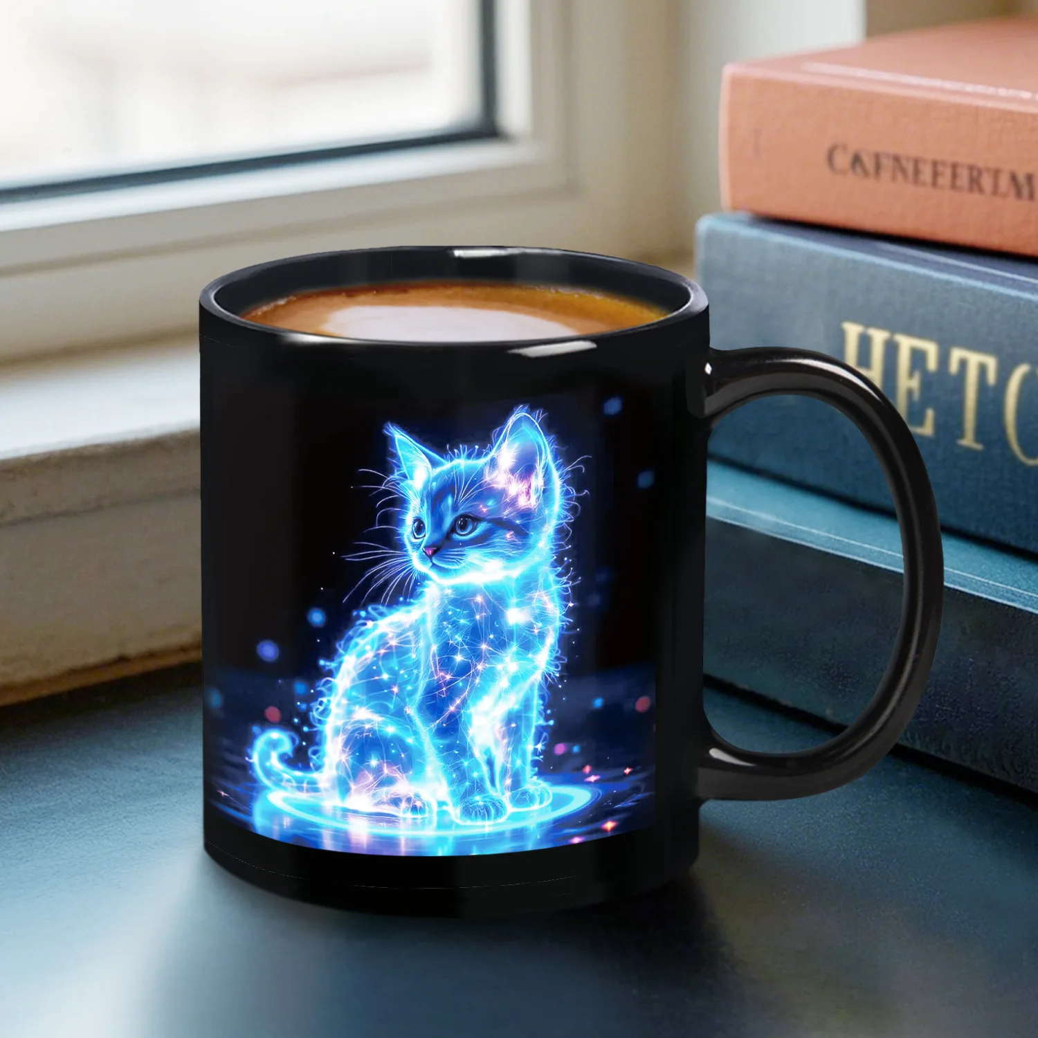 Taza De Cerámica Con Diseño De Gato En 3d (negra, 330 Ml) Para Café O Té Con Leche.