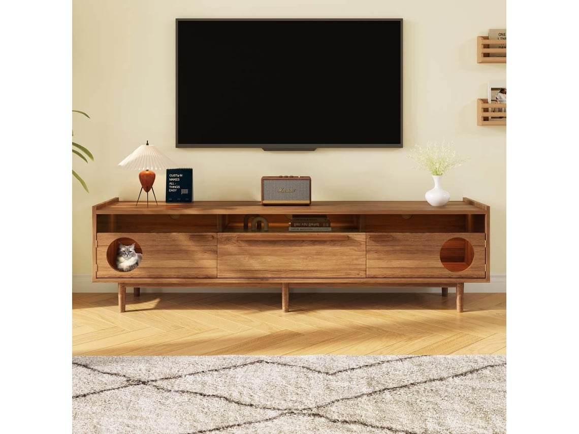 Mueble Tv 180x40x50 Cm - Led, Espacio Para Gatos, Puertas De Cristal Y Cajón - Nogal