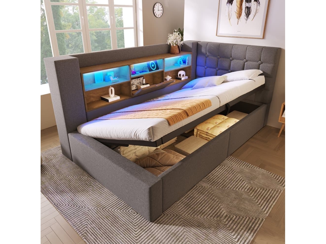 Cama Individual 90x200 - Led, Almacenamiento Hidráulico, Cabecero L, Montable Ambos Lados - Gris