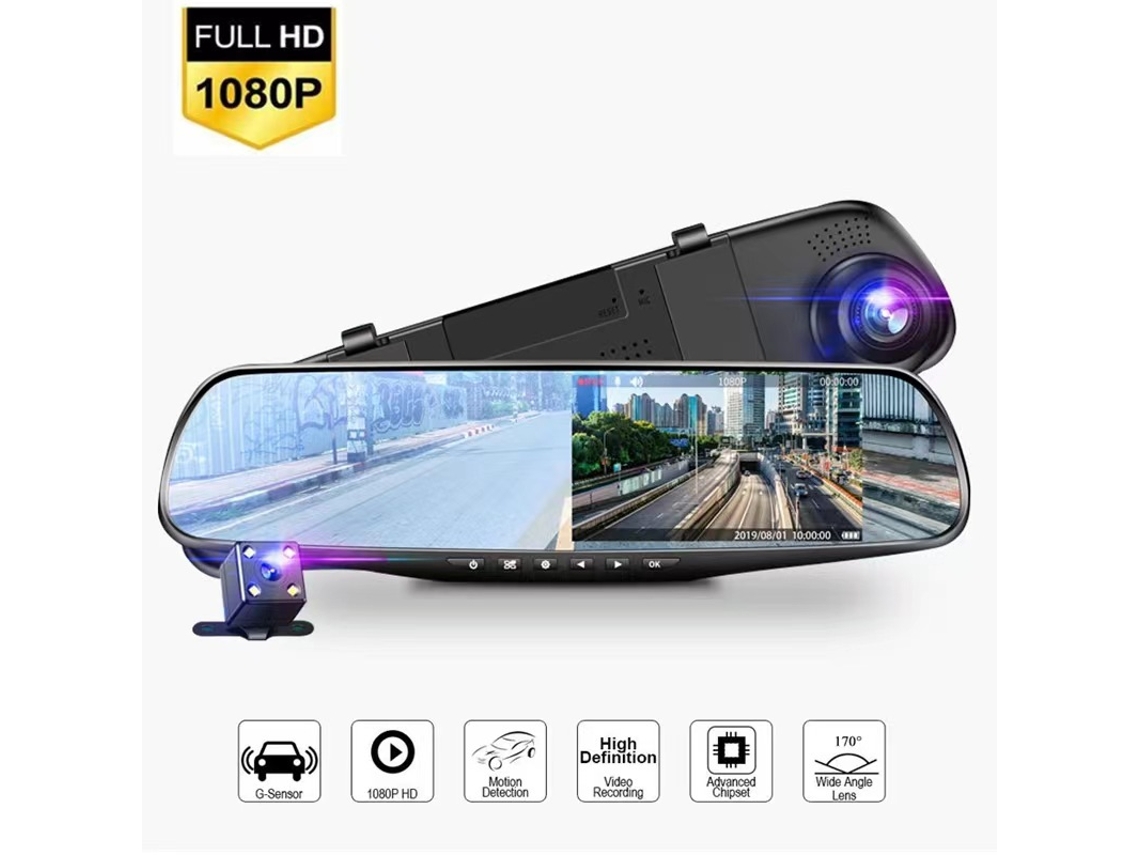 4.3 Grabadora de vídeo digital (DVR) para coche con espejo retrovisor, cámara de seguimiento de doble lente y cámara frontal IPS de 1080p.
