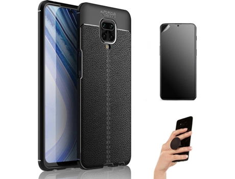 Kit Carcasa y Protector Xiaomi Redmi Note 9S Ultimatte Rugged Leather Popsocket Negro