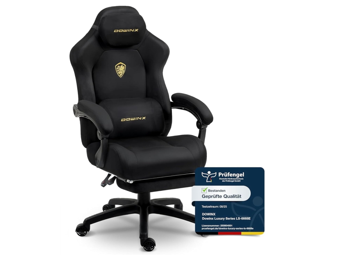 Silla gaming ergonómica DOWINX con cojín lumbar ajustable, reposapiés extensible, reposabrazos ajustables y reclinación de 160°, en color negro claro.