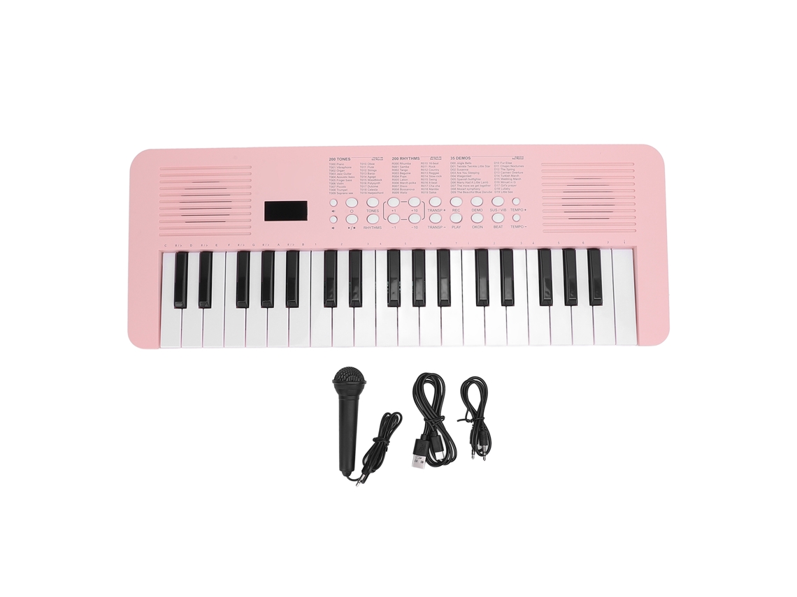 Teclado digital de 37 teclas con 200 sonidos y 200 ritmos, con micrófono, color rosa.