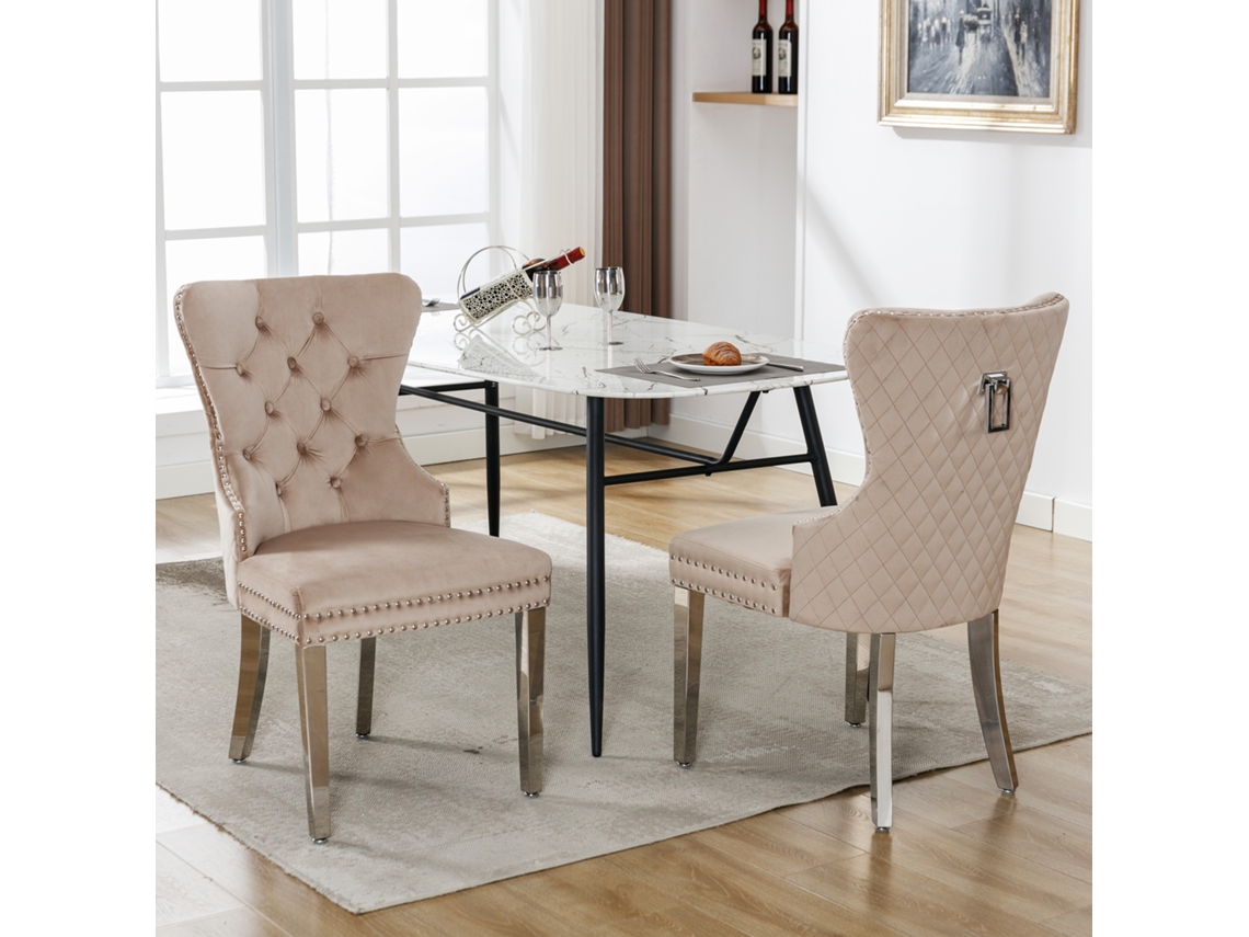 Juego De 2 Sillas De Comedor Con Tachuelas De Terciopelo Y Patas De Metal Beige.