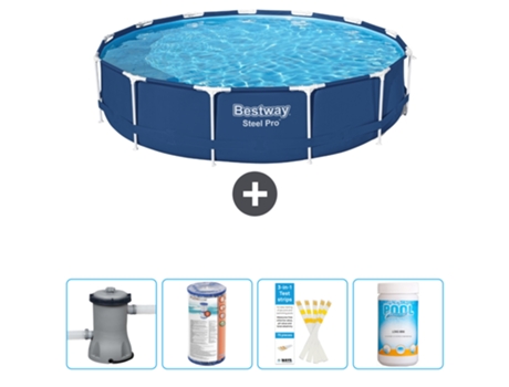 Piscina BESTWAY Round Steel Pro - 396 x 84 cm - Azul - Bomba incluida Filtrar - Tiras de prueba - Cloro