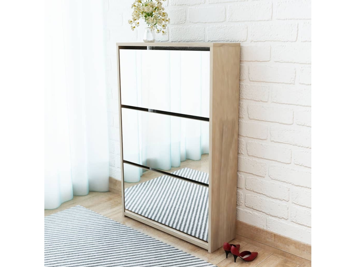 Zapatero Organizador con 3 Divisiones y Espejo 63X17X102,5 Cm Roble