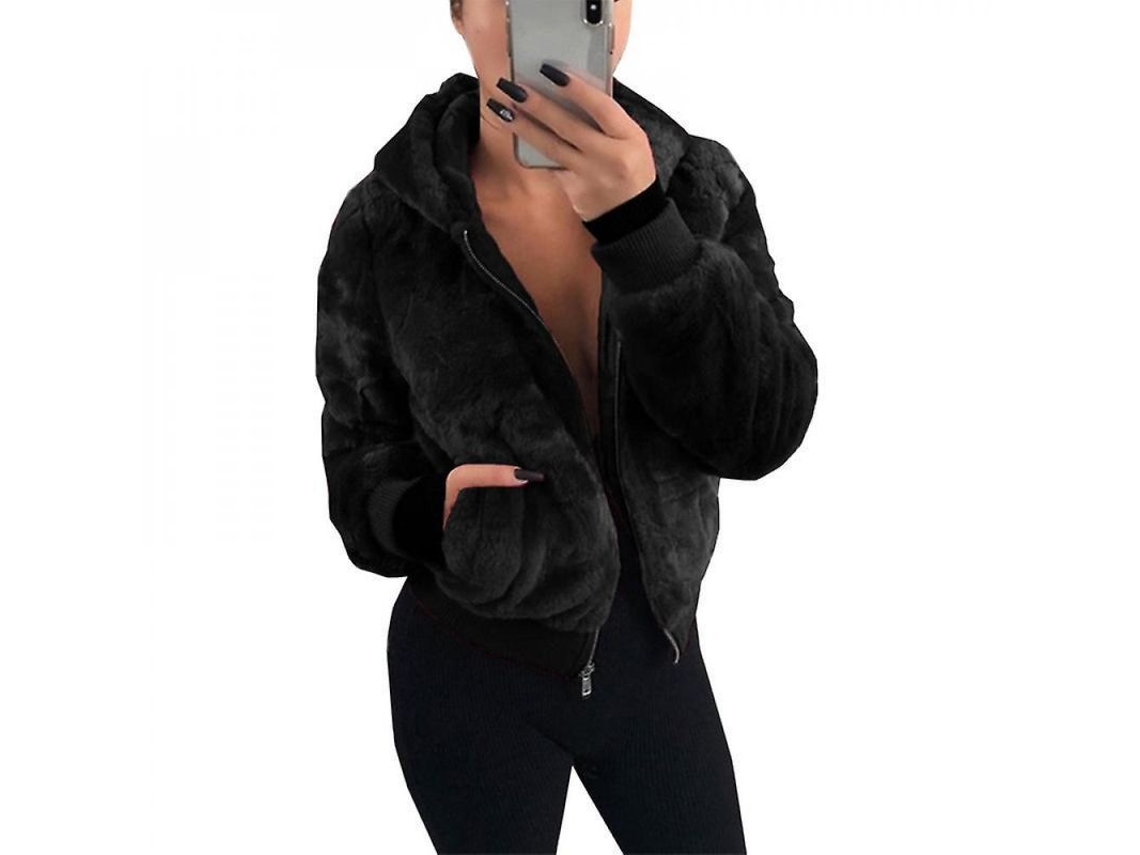 2026-chaqueta De Forro Polar Mujer Con Capucha Abrigo Fluffy Suave Outerwear Dev Xl Negro
