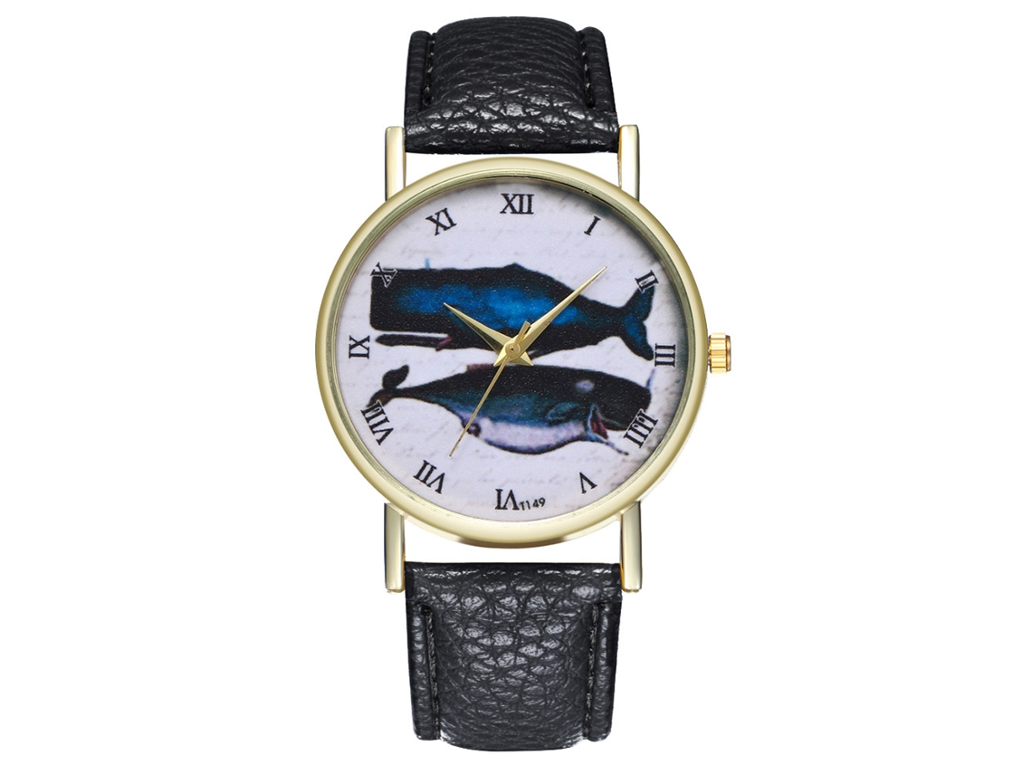 Reloj De Pulsera Unisex Zhoulianfa Con Estampado De Tiburón Y Correa De Cuero Sintético Negro.