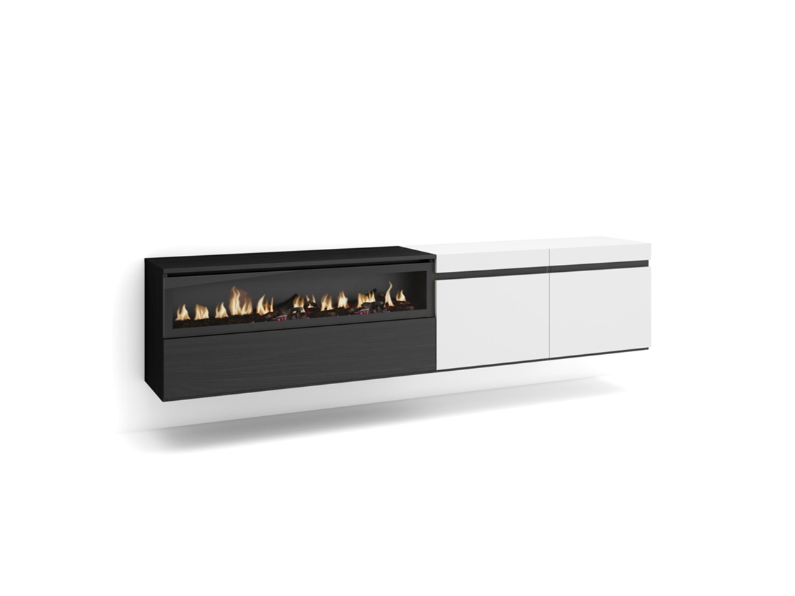 Mueble TV Televisión 200x45x35cm Para TV hasta 80 Chimenea eléctrica Colgado Suspendido Blanco y negro
