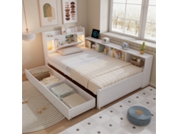 Cama individual de 90x200 cm con paneles, cabecero, almacenaje, 2 lámparas, toma USB y cajones Mobrio blanco