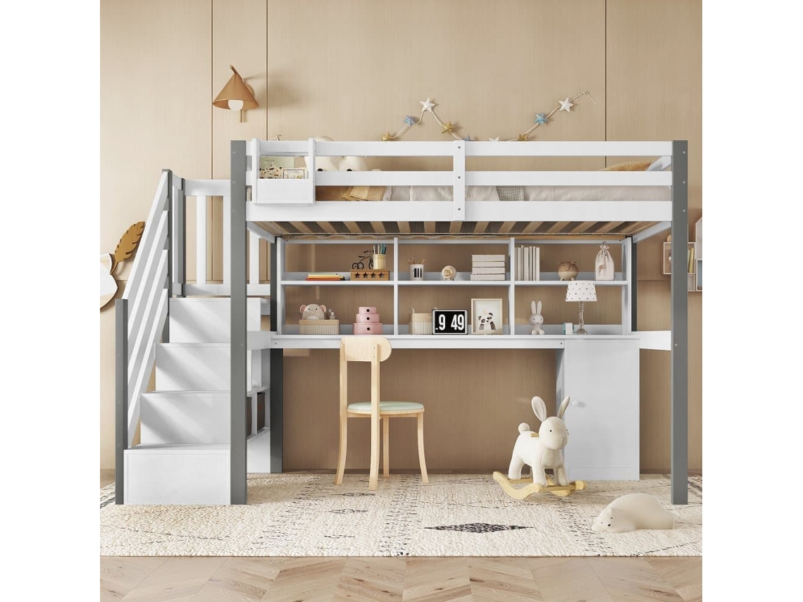 Cama Semialta 90x200cm - Con Caja De Almacenamiento De Tela, Escritorio Con Estantes Y Armarios, Escalera Lateral - Blanco+gris
