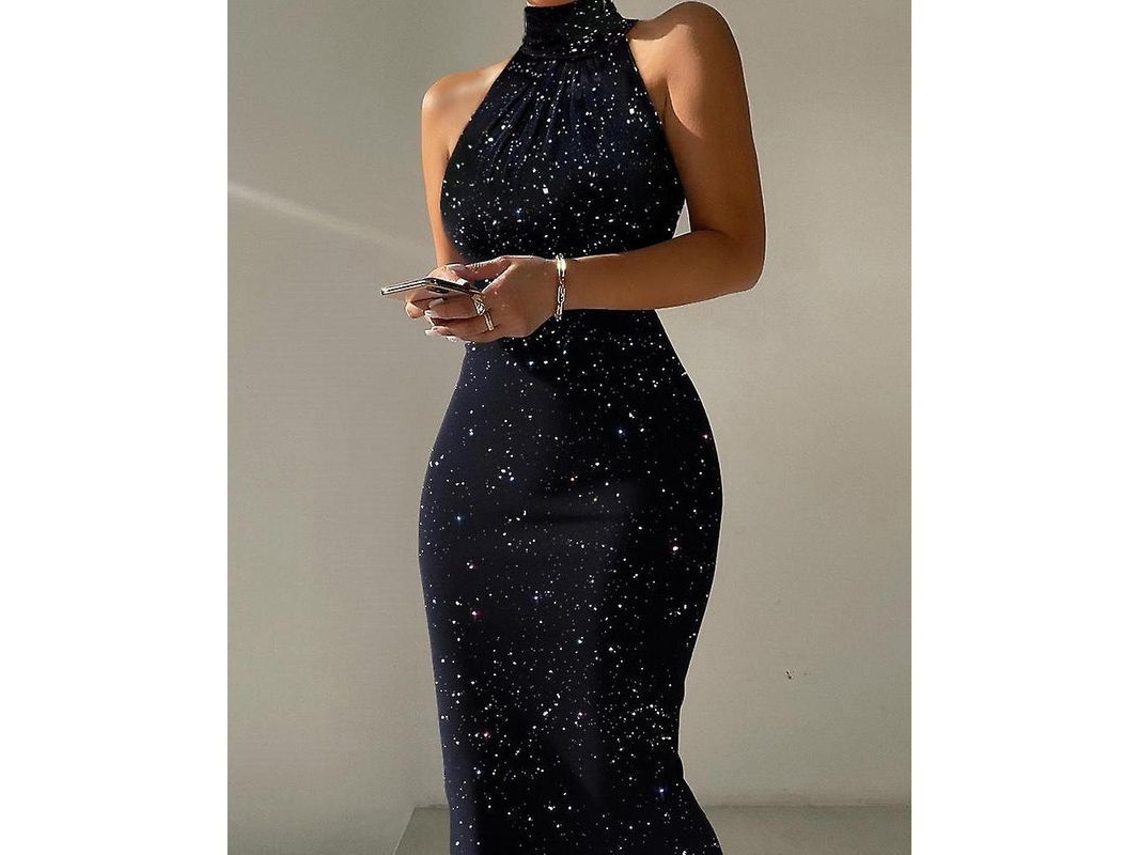 Vestido sin mangas Rebe-Sexy con brillo y cuello alto para fiestas nocturnas y bodas, estilo femenino, verano 2022, talla L, negro.